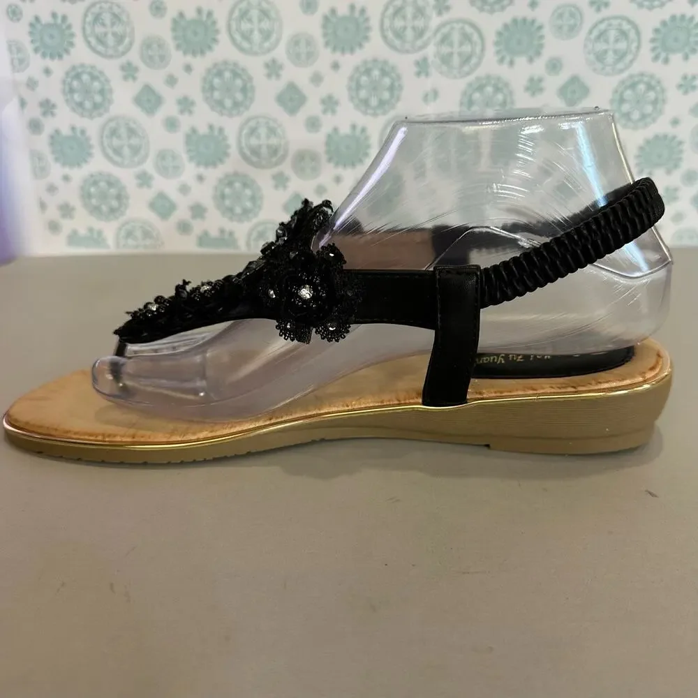 Duo Mei Zu Yuan Womens‎ 10 Thong Slingback Sandals Black Tan Rhinestones Floral - Picture 7 of 12
